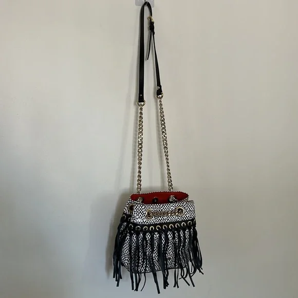 🎈FINAL PRICE🎈JUST CAVALLI Black & White Spotted Leather Bag with Black Fringe - Picture 2 of 14